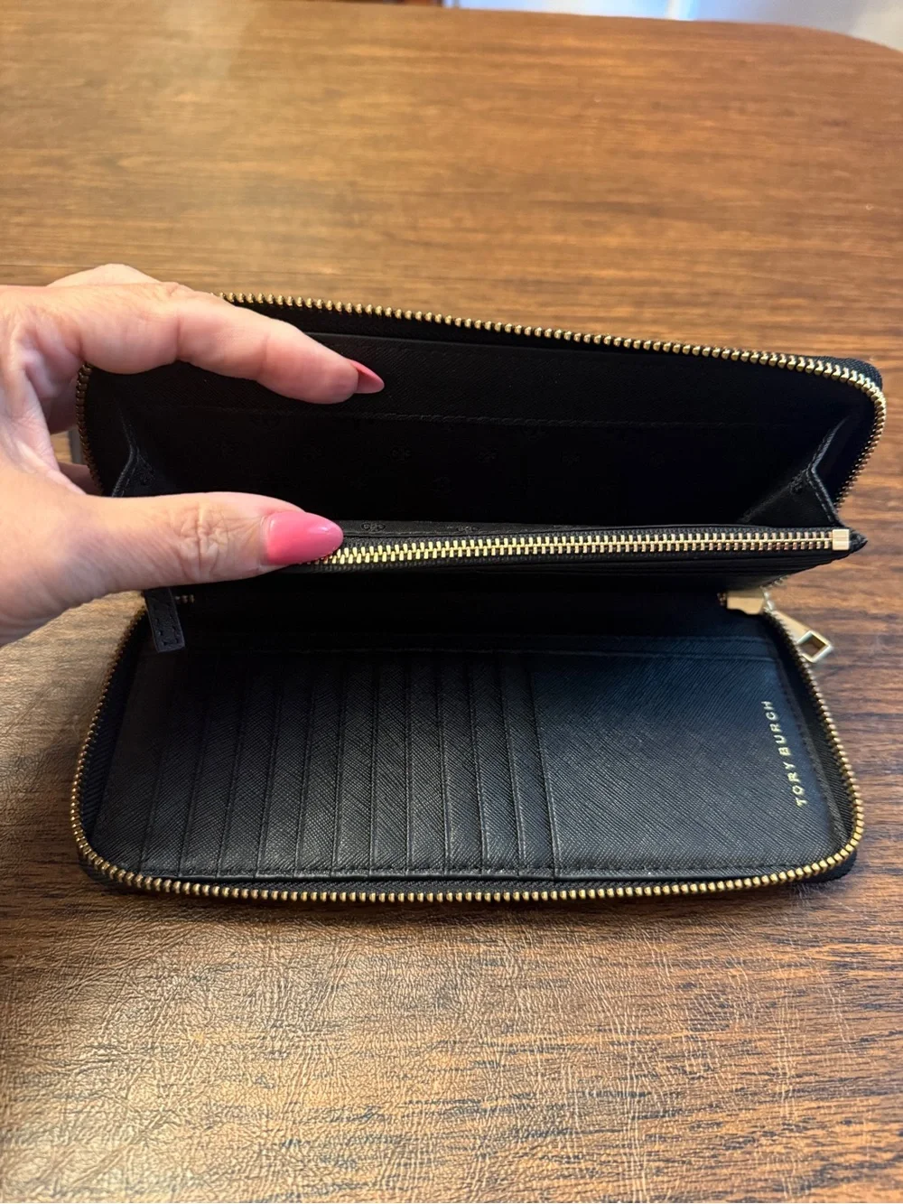Tory Burch Black Saffiano Zip-Around Wristlet Wallet with Gold Logo